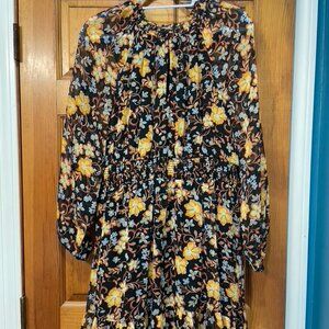 Old Navy Black Floral Smocked Waist Long Sleeve Chiffon Dress Gold Thread size L